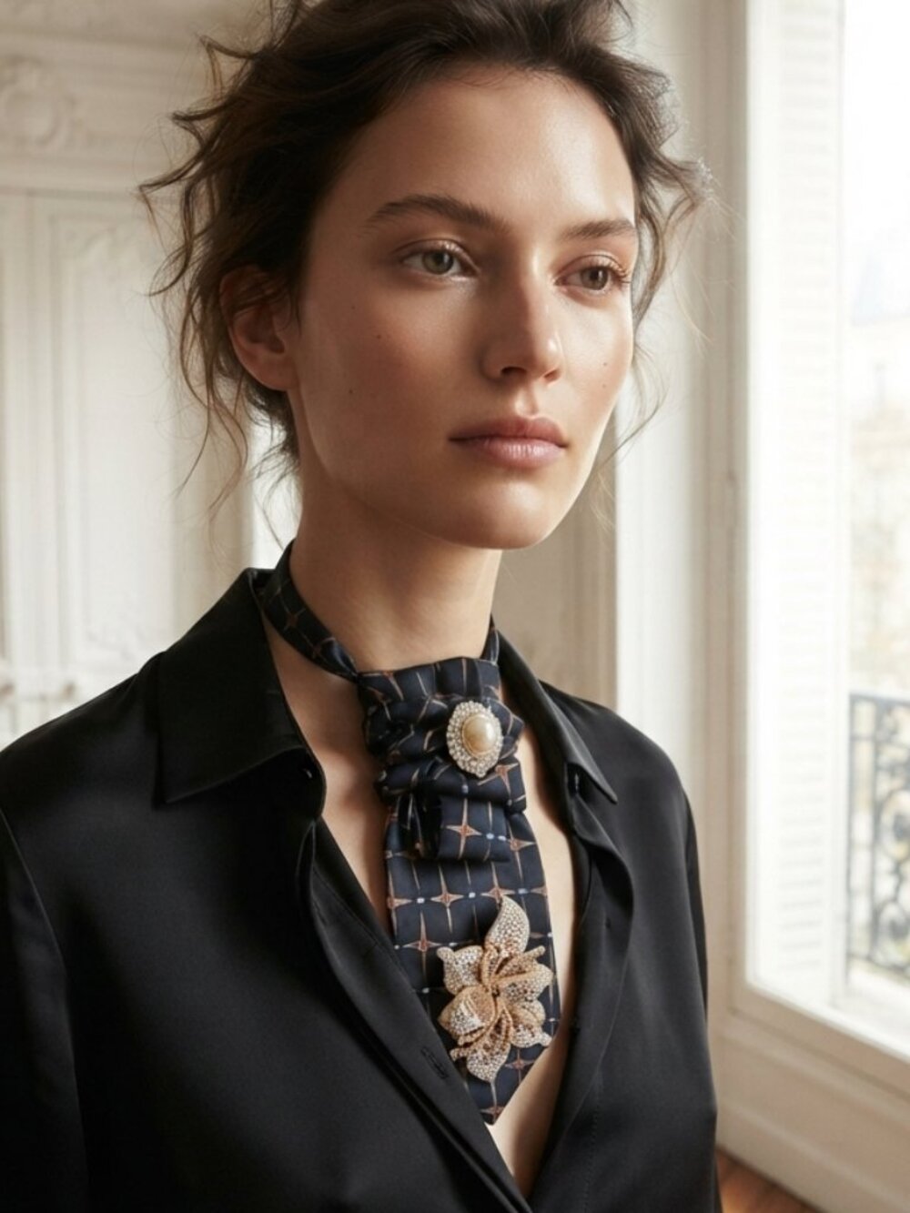 Louis Feraud Navy and Gold Crystal Statement Tie Necklace With Floral Brooch